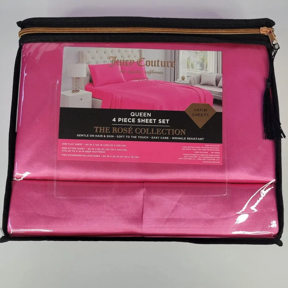 Juicy Couture Hot Pink Satin 4pc QUEEN Sheets Set Easy Care Sleek Smooth Fuchsia